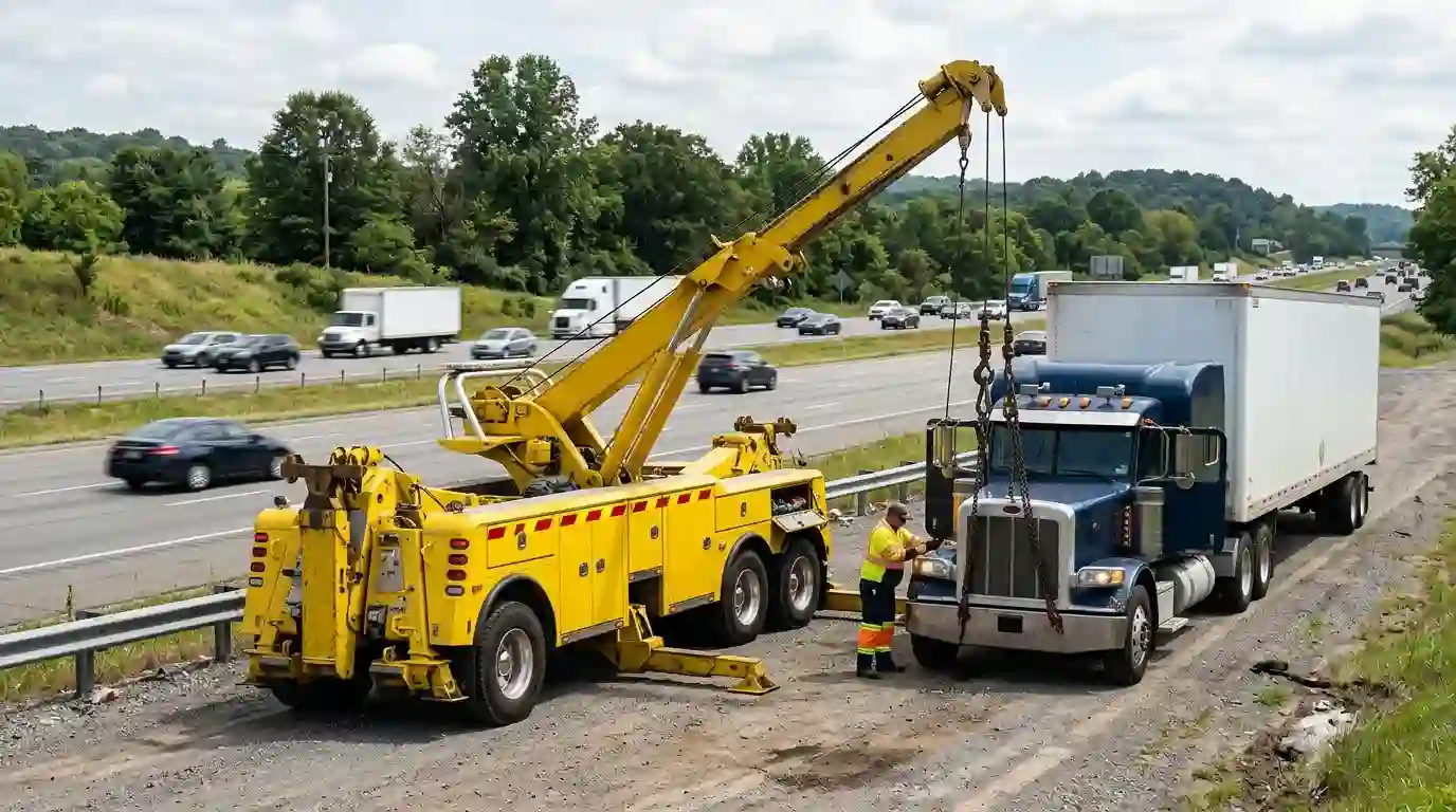 How much does a heavy duty tow truck cost - integrated tow truck with boom lifting a semi truck on the highway shoulder