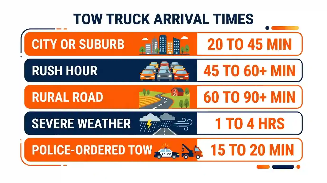Infographic showing average tow truck response time by situation: city, rush hour, rural road, severe weather, and police-ordered tow
