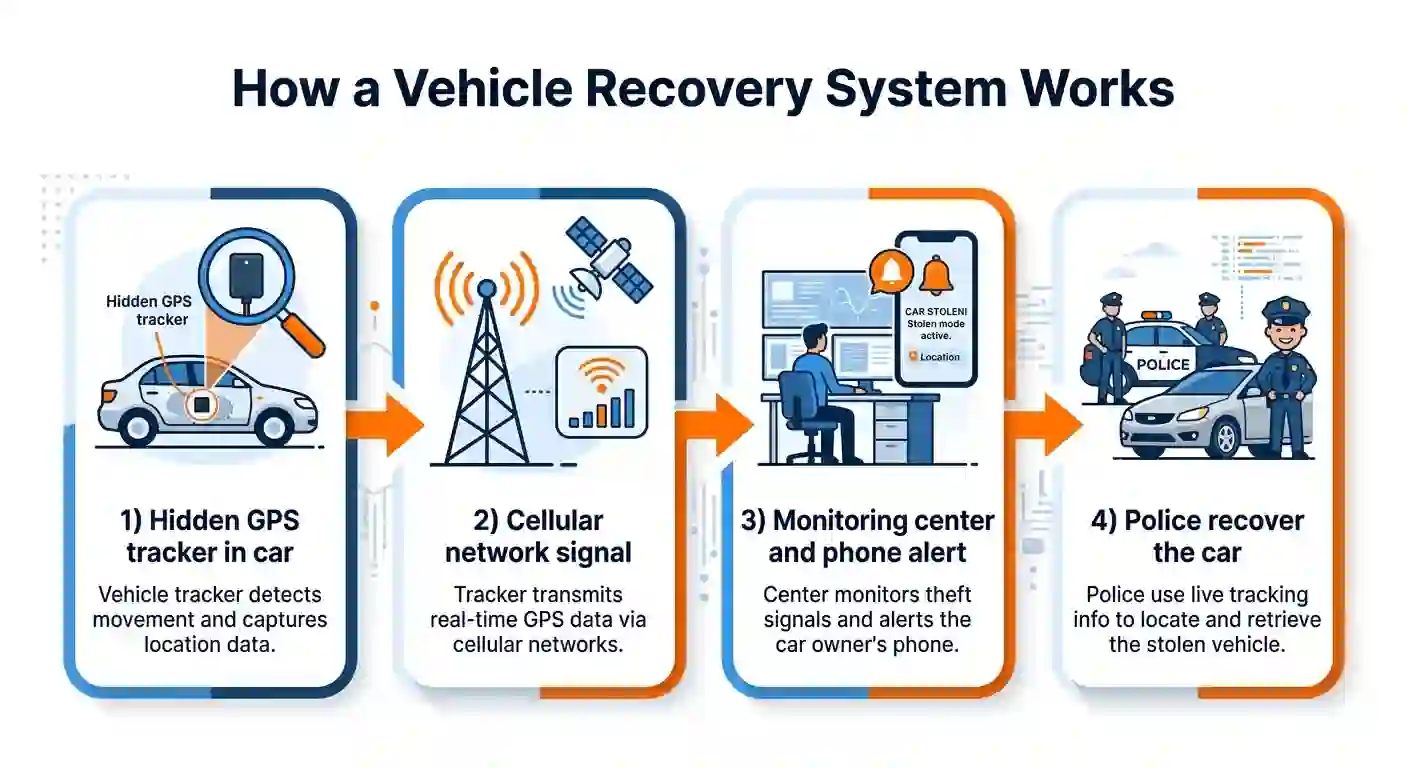 How a vehicle recovery system works: GPS tracker, cellular signal, monitoring center alert and police recovery