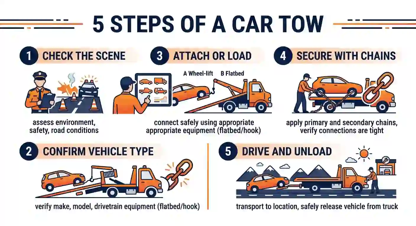 Infographic showing how does towing work in 5 steps: check the scene, confirm vehicle type, attach or load, secure with chains, drive and unload
