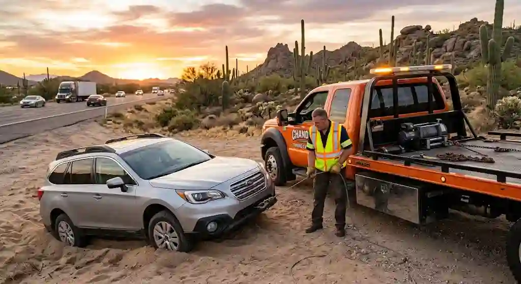 How much does vehicle recovery cost? Tow truck winching a stuck SUV out of desert sand in Phoenix, AZ