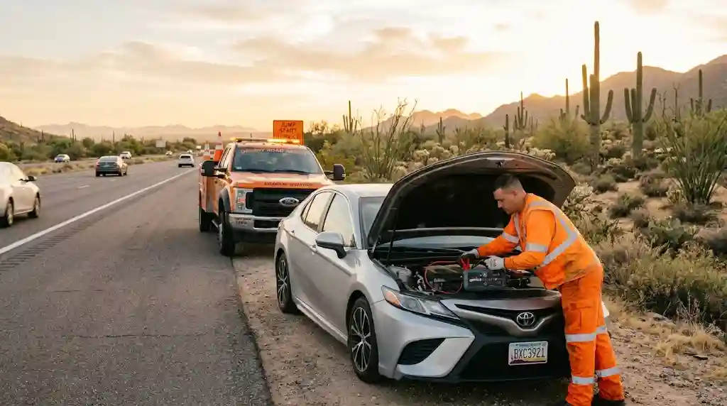 How much should a jump start cost: technician using a portable jump starter on a dead car battery along a Phoenix highway