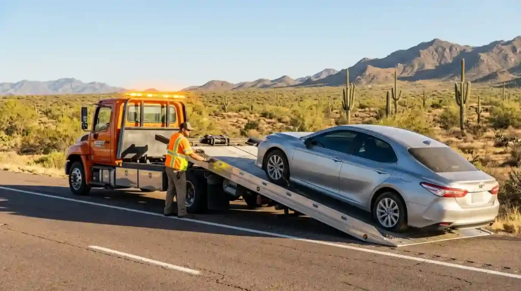 How to call a tow truck: flatbed driver in a safety vest loading a broken-down silver sedan on a Phoenix desert highway