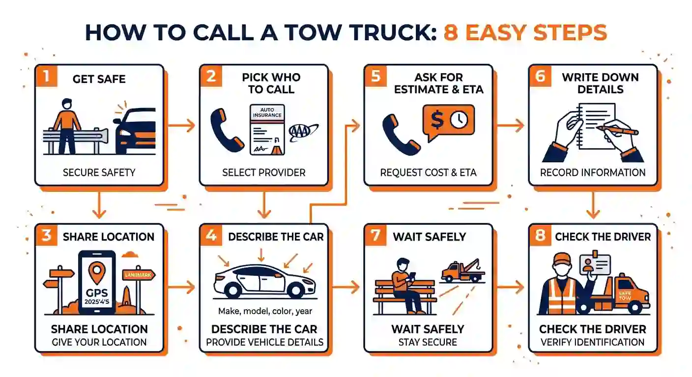 How to call a tow truck in 8 easy steps infographic: get safe, pick who to call, share your location, describe the car, get an estimate and ETA, and check the driver