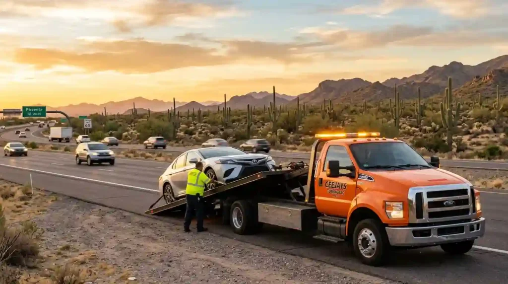 Is a tow truck an emergency vehicle? Orange flatbed with amber lights loading a car on a Phoenix highway shoulder