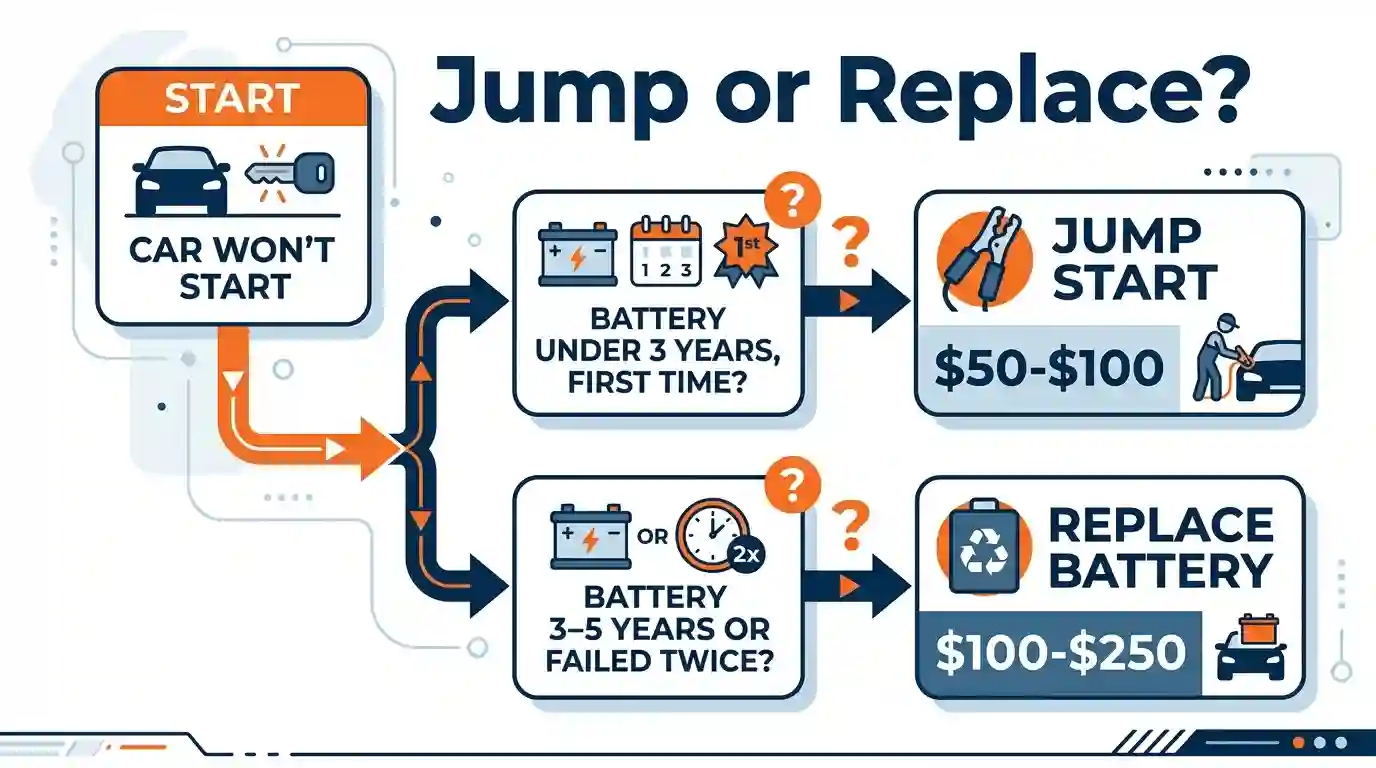 Flowchart comparing jump start cost ($50-$100) vs. car battery replacement cost ($100-$250) based on battery age and failures