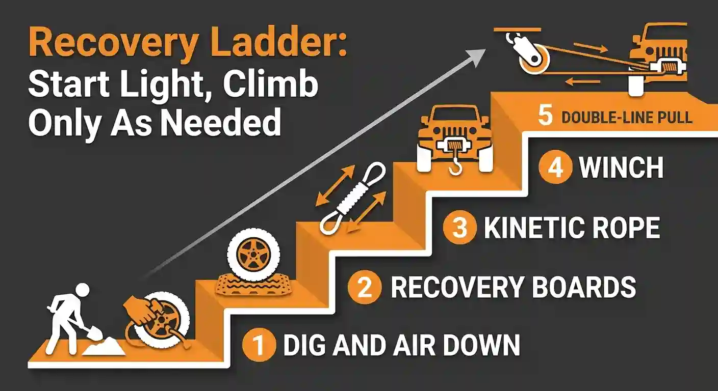 Off-road recovery ladder infographic showing five 4x4 recovery gear steps from digging out to a double-line winch pull