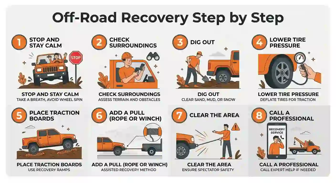Off-road recovery step by step infographic with 8 steps for freeing a stuck 4x4, from digging out to calling a pro