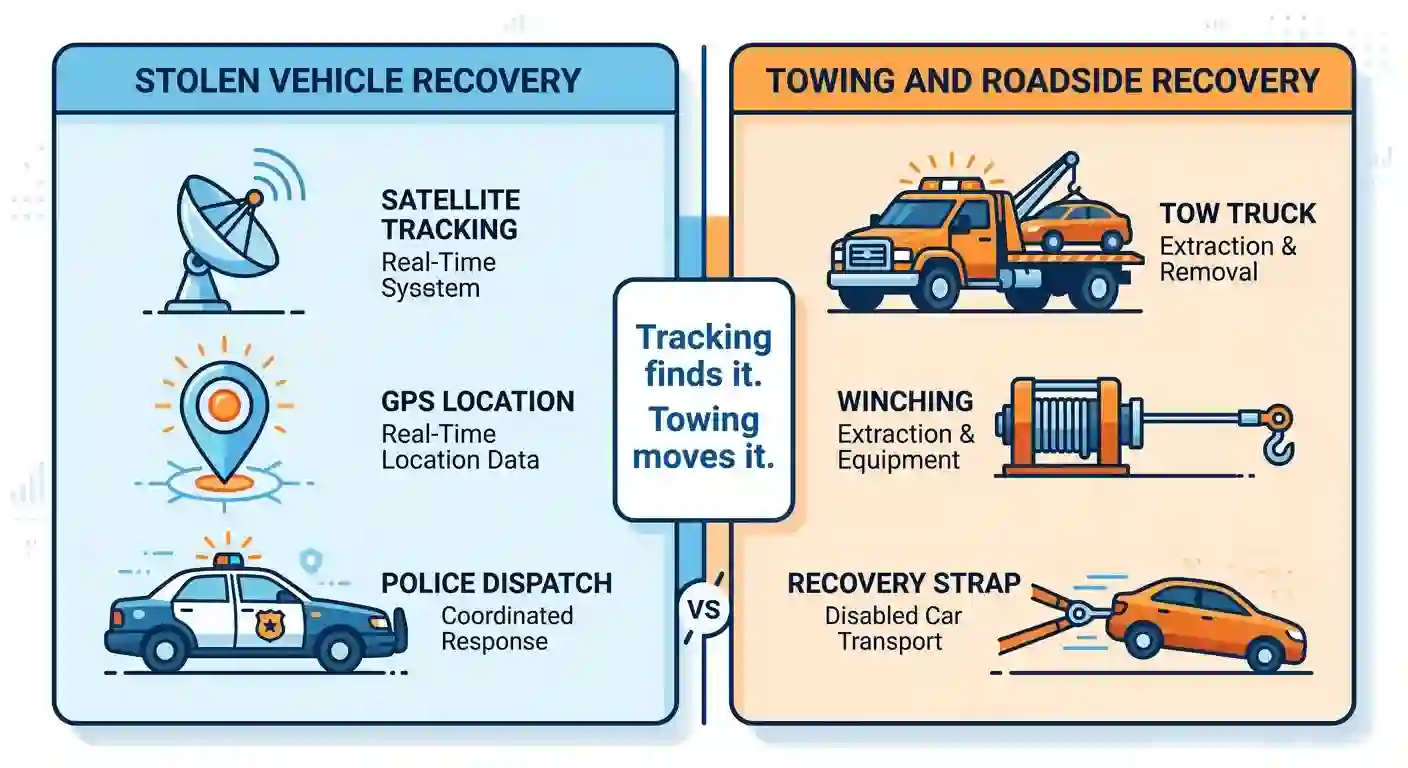 Stolen vehicle recovery vs towing and roadside recovery: GPS tracking and police dispatch vs tow truck, winch and recovery strap