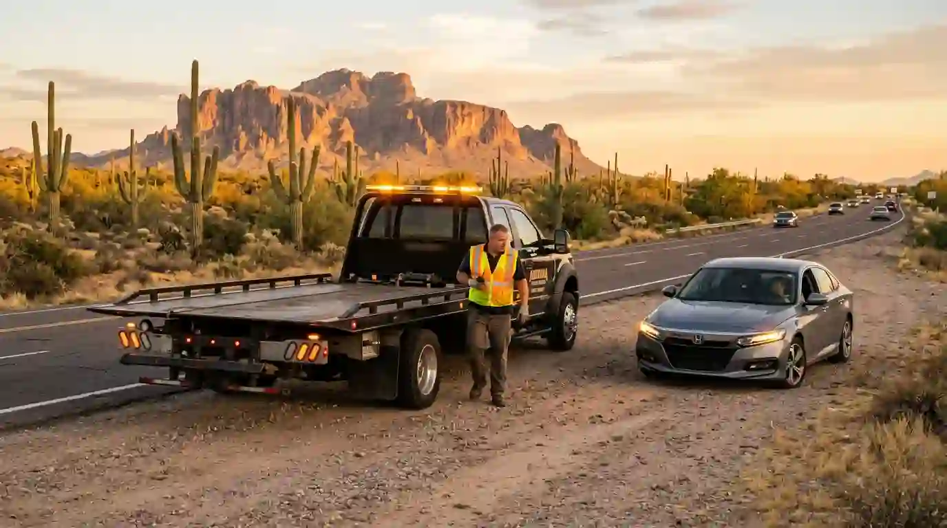 How Long Does It Take for a Tow Truck to Arrive? Flatbed tow truck helping a stranded sedan on an Arizona highway shoulder