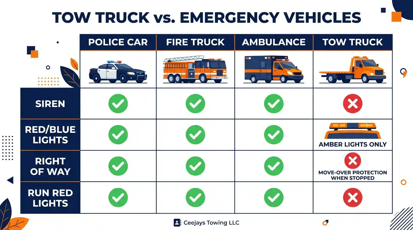 Chart comparing tow truck privileges with a police car, fire truck, and ambulance: siren, lights, right of way, and red lights
