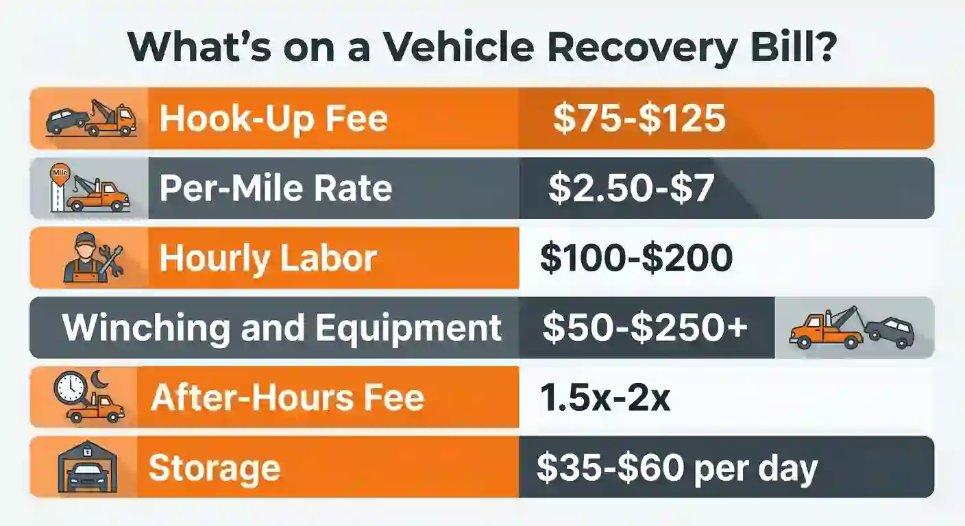 Infographic showing a vehicle recovery cost breakdown: hook-up fee, per-mile rate, hourly labor, winching, after-hours fee, and storage
