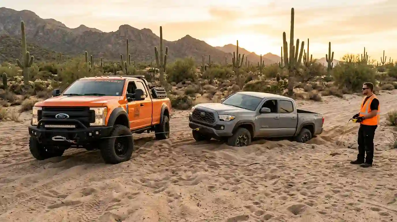 What is an off road recovery: orange 4x4 recovery truck winching a stuck pickup out of soft desert sand in Arizona