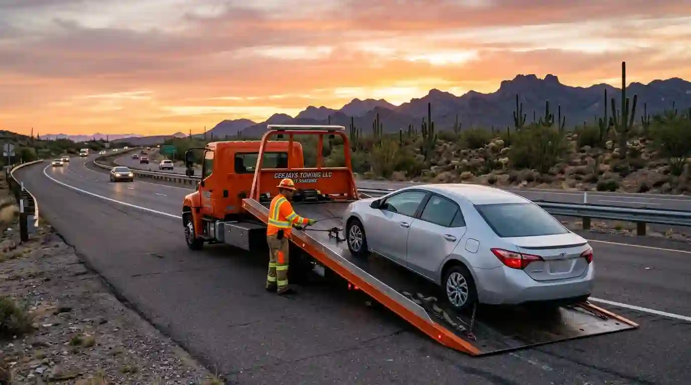 What is the meaning of towing: flatbed tow truck driver loading a silver sedan on a Phoenix desert highway at sunset