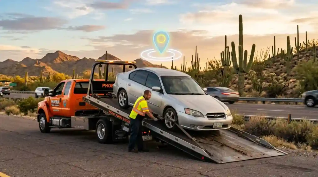 What is vehicle recovery system: flatbed tow truck loading a silver sedan with a GPS location pin on a Phoenix desert highway