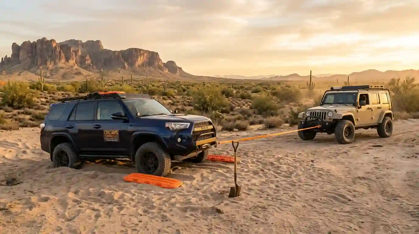 4x4 stuck in desert sand with recovery boards and kinetic rope, showing when to use recovery accessories off-road 4x4